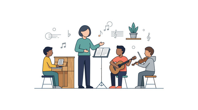 Music teacher providing private lessons to students playing musical instruments indoors.