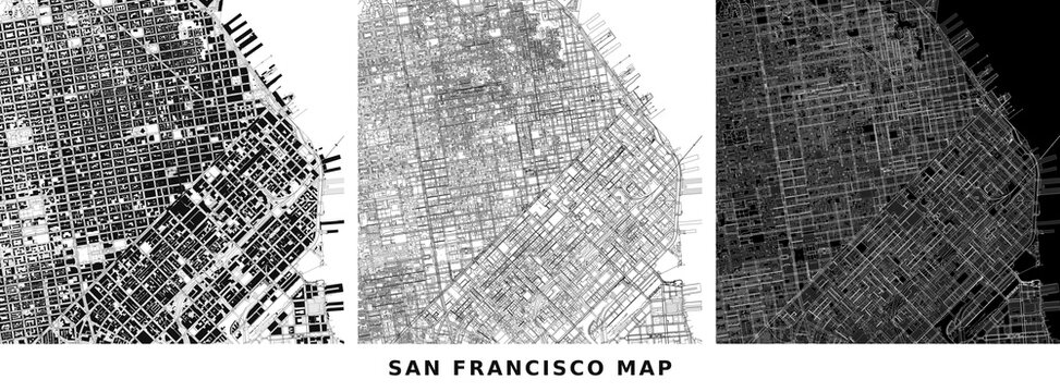 Set of three abstract urban maps of san francisco, showing building footprints, street networks, and a combined dark mode visualization of the city layout