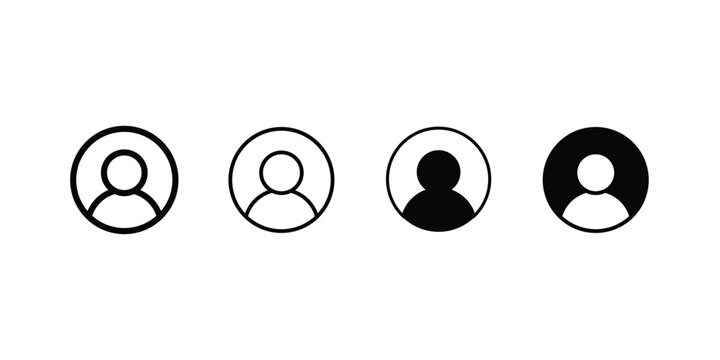 Minimalist user profile icon set, black and white avatar vector symbols, set of 4 person account buttons for web and app interface, circular human silhouette headshot graphics