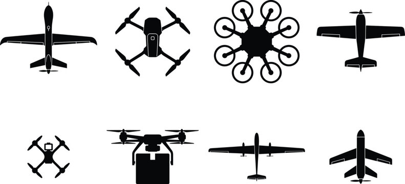 Black silhouette drone and airplane vector icon set featuring quadcopters UAVs and delivery aircraft