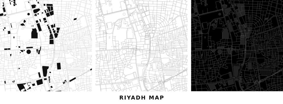 Riyadh city map vector layout with urban building footprints, street roads and minimalist city grid