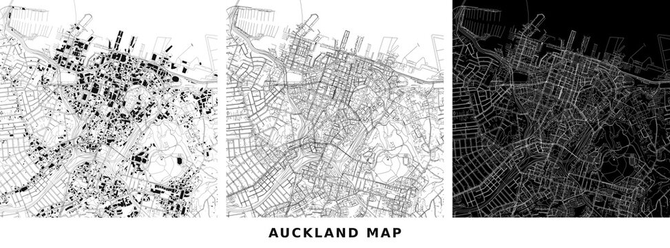 Auckland city map showing urban building footprints and road network infrastructure, detailed architectural street layout, black and white vector illustration