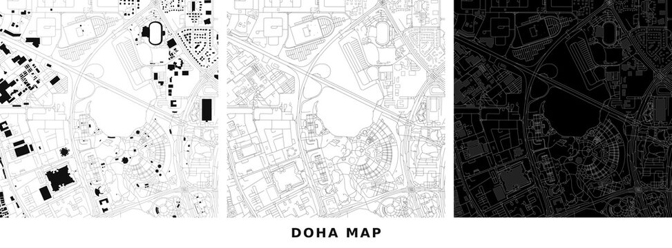 Doha city map vector set with urban building footprints, street roads and city grid layout