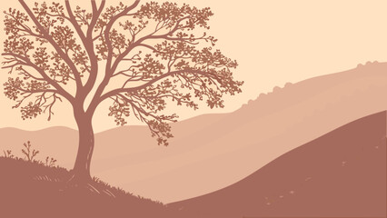 Fototapeta premium Minimalist landscape illustration featuring a lone tree on a hillside at sunset landscape hillside silhouette minimalist outdoors environment tranquil peaceful countryside abstract