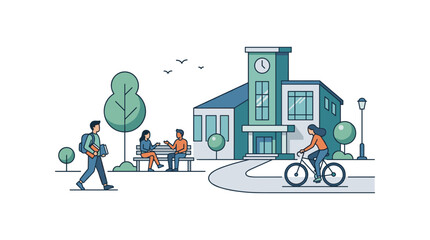 Fototapeta premium Minimalist vector illustration of students at school building with clock tower and trees.