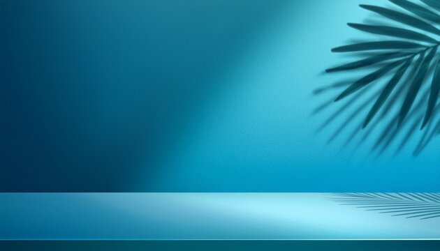 Empty Limbo Studio Background With Soft Light And Palm Leaf Shadow On Wall For Product Display Elegant D Room With Gradient Blue Color Clean Floor And Minimal Stage Design For Cosmetic Mockup
