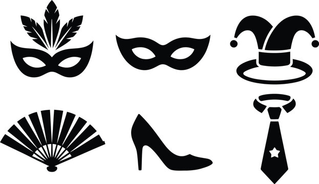 Set of black carnival icons featuring theatrical masks jester hat and fashion accessories carnival festival celebration silhouette masquerade performance accessory clothing isolated creative
