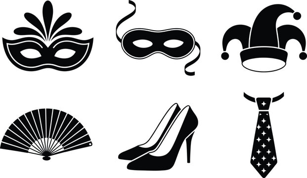 Black silhouette icon set featuring carnival masks jester hat folded fan heels and tie carnival festival celebration silhouette masquerade performance accessory clothing isolated decorative