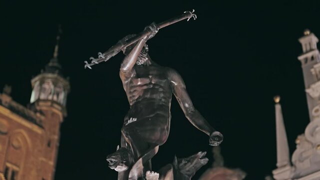 Gdansk Neptune Fountain Sculpture Illuminated at Night