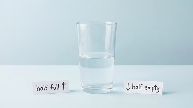 Optimistic and pessimistic glass of water, half full and half empty labels on blue background, psychological concept of perspective and mindset