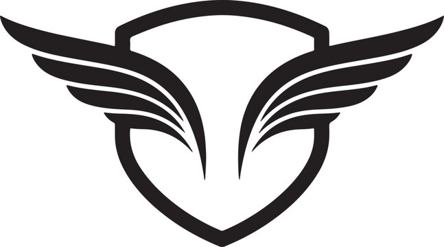 Black shield with abstract wings representing protection, freedom, and strength for a modern logo design