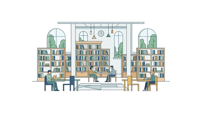 Modern flat line library interior illustration featuring people reading books and shelves.