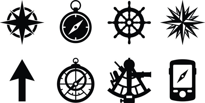 Black silhouette navigation and nautical vector icon set featuring compass sextant and ship wheel