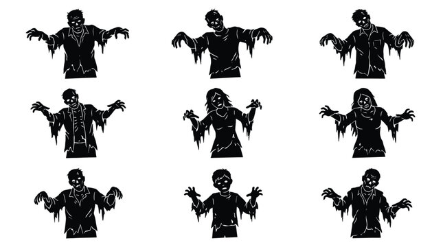 Black and white vector graphic illustration set featuring various scary zombies with reaching outstretched arms