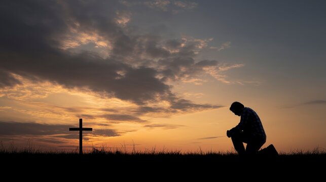 At sunset, the kneeling figure before the cross shows that sincere prayer can bring hope and peace even in life's darkest moments.
