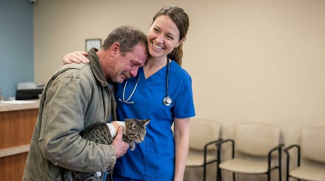 Emotional man hugs veterinarian with cat in arms at animal clinic