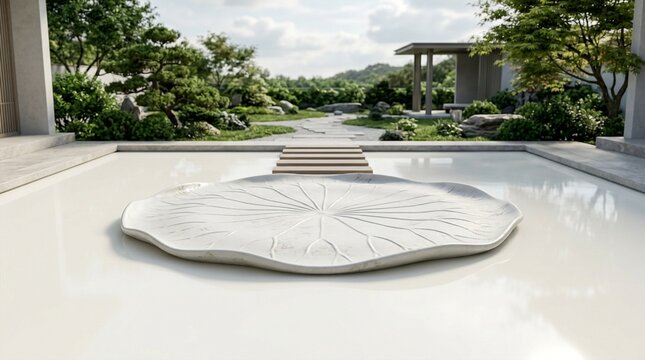 Serene Japanese zen garden with a large lotus leaf sculpture in a calm water pond