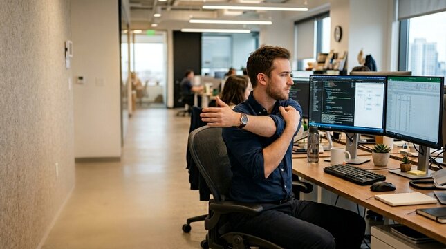 Young man stretching at his desk in a modern office, working on dual computer monitors displaying code