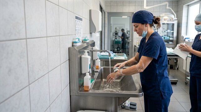 Medical professionals in scrubs and surgical caps washing hands at a sink in a hospital operating room