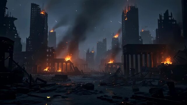 Destroyed city landscape after military conflict. Ruined buildings on fire during night. Apocalypse urban scene with smoke and debris. War disaster aftermath damage.