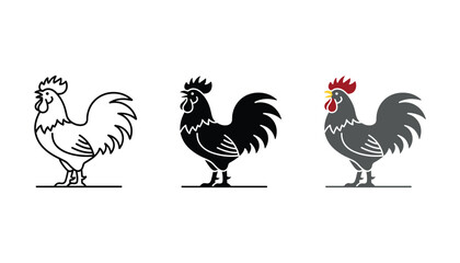 Rooster icon set in line art solid black and color variations representing poultry farming and agricultural symbolism for farm themed branding © TARU STOCKPLC