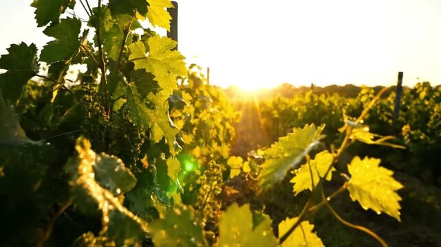 Sunlight shining through green grapevine leaves in vineyard rows at golden sunset with warm lens flare