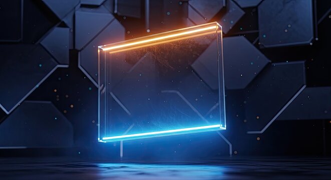 Futuristic abstract glowing glass rectangle with vibrant neon lights on dark geometric background, digital technology concept.