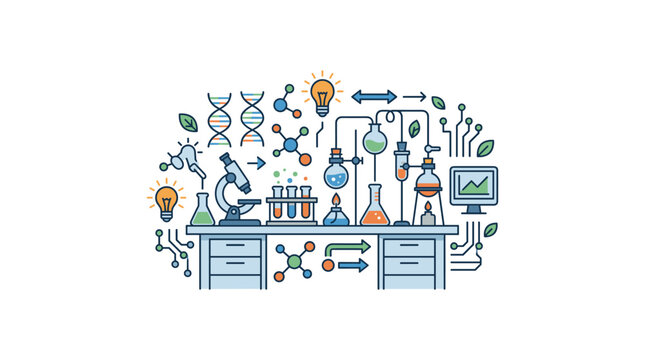 Science laboratory desk with microscope chemistry equipment and dna symbols vector style.