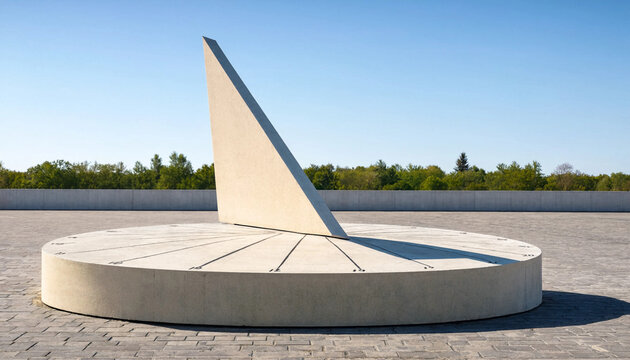 Modern concrete sundial sculpture standing in a large paved plaza under a clear blue sky with a line of green trees in the background