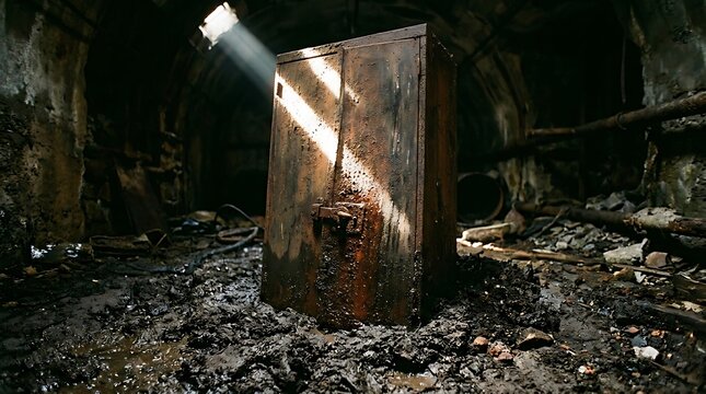 Old metal safe illuminated by a bright flashlight beam in a dark abandoned room with debris on the floor