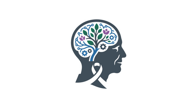 A stylized human head silhouette featuring a brain shaped like a blooming tree with a ribbon.