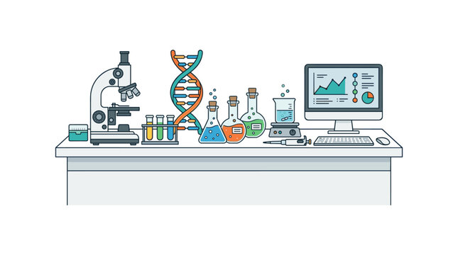 Modern scientific laboratory bench with microscope dna model test tubes and computer monitor.