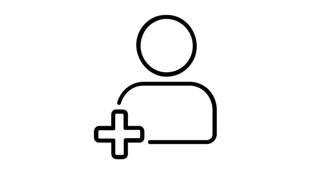 Clean flat vector line icon of a minimalist profile and plus sign, suited to customer onboarding, contact lists, and admin user controls.