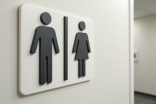 Detailed view of male and female bathroom signs on a white wall in a public restroom.