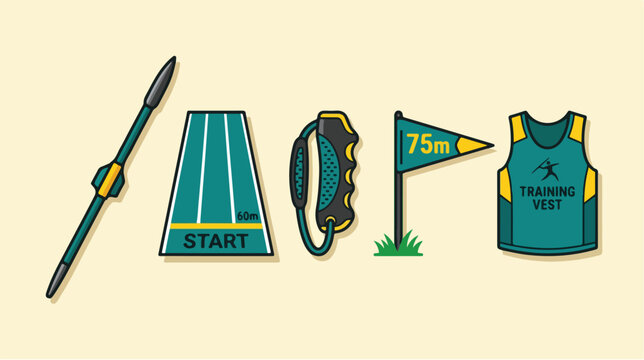 Athletic track and field equipment icons set.