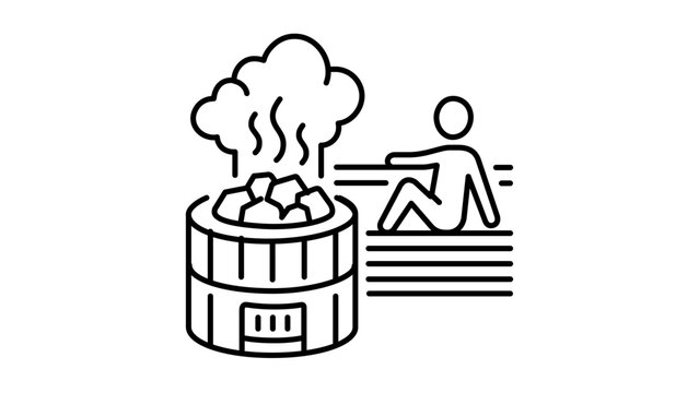 A clean flat vector line icon featuring sauna hot stones and steam, perfect for resort amenities, wellness schedules, and spa navigation.