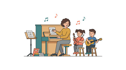 Woman playing piano with two children learning violin and guitar by her side. © MSTSAFIYA