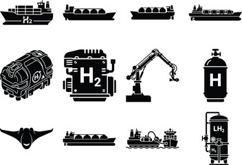 Obraz premium Collection of hydrogen fueled ship storage tank robotic arm and engine shapes on a plain surface fuel energy clean alternative