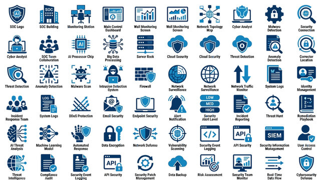 Cybersecurity and network defense icon set.