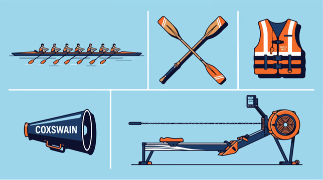 Set of rowing equipment icons including boat oars life vest megaphone and rowing machine.