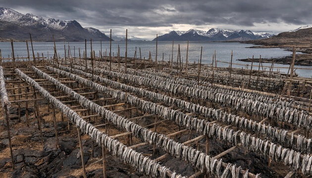 Rows of dried cod fish hanging on wooden racks for stockfish production in a norwegian coastal landscape with snowy mountains and dark sky