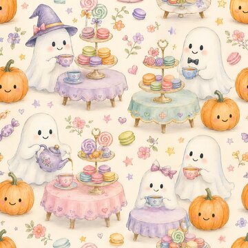 Cute Halloween ghost tea party seamless pattern background with pumpkins, macarons, cupcakes, candies, and pastel watercolor autumn elements for fabric, wallpaper, wrapping paper, and scrapbooking
