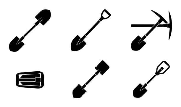 6 Gardening tool silhouette icons, solid black style, landscaping set