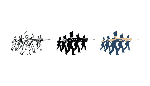 Marching soldiers group icon set for military and historical concepts featuring outline and solid and blue flat design for war commemoration and patriotic themes and educational history materials