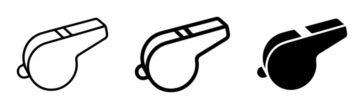 3 Whistle silhouette icons, solid black style, sports referee