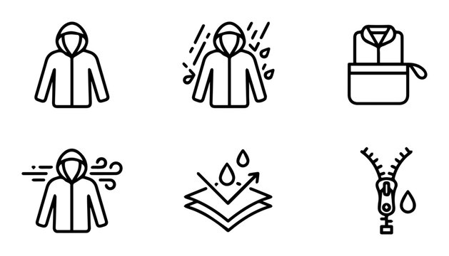 6 Waterproof clothing silhouette icons, rain jacket, hood, water drops, solid line style, fashion accessories