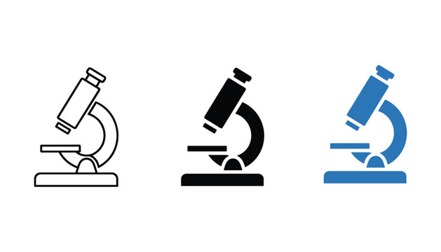 Scientific laboratory microscope icon set for biology and chemistry research featuring line art and solid black and blue flat designs for medical reporting and school science projects or web interface