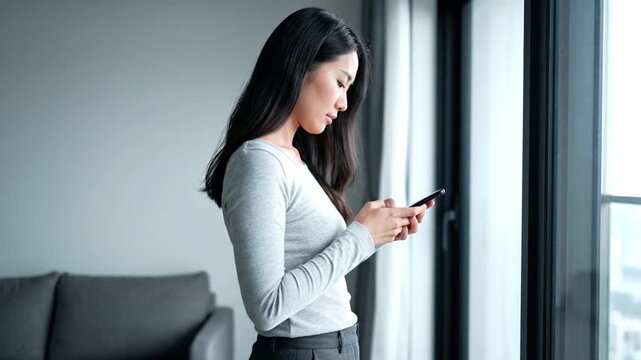 Young woman using smartphone while standing near window in modern apartment then pausing to look outside