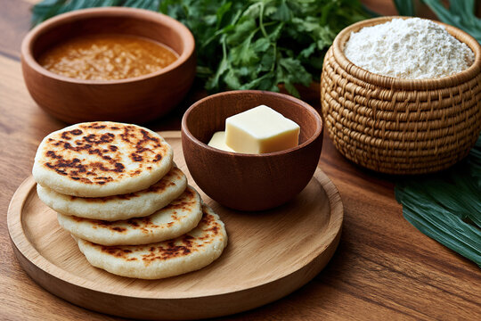 A flatbread made with cassava starch, cheese, and butter named Mbeju on the table