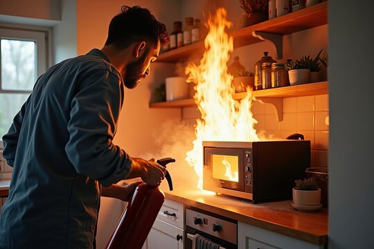 Man using a fire extinguisher to put out a smoking microwave oven in the kitchen.